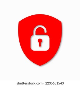 Icon or symbol of a shield with a opened padlock. Sign unlock on a white background. Vector illustration.