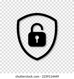 Symbol oder Symbol eines Schildes mit geöffnetem Schloss. Unterzeichnen Sie die Sperre auf transparentem Hintergrund. Vektorgrafik.