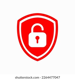 Icon or symbol of a shield with a opened red padlock. Sign unlock on a white background. Safety protect concept. Vector illustration.