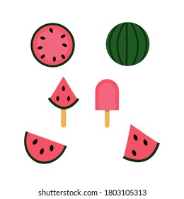 Icono, símbolo simple, estilo plano. Ilustración vectorial de la sandía. Objetos aislados: toda una sandía, medio y trozo de baya, helado de ella.