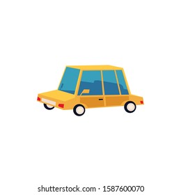 Icon and symbol of a small yellow toy auto and car, automobile and vehicle. Cute and funny toy transport car. Isolated cartoon car vector illustration.