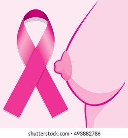 Icon symbol of struggle and awareness against breast cancer, pink ribbon and a breast. Ideal for educational materials and information