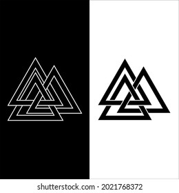 Icon symbol Valknut, Scandinavian amulet, god Odin sign. Wicca isolated icon in black with white outline.Esotericism, witchcraft, sacred geometry. Vector illustration on white and black background