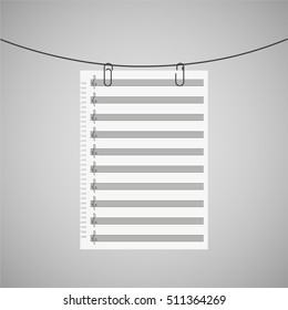 Icon symbol. White sheet of paper with rulers for notes hanging on the paper clip is insulated not gray  background. Stylish vector illustration for web design.