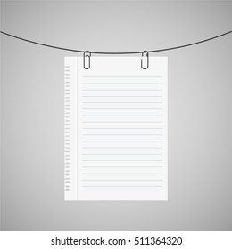 Icon symbol. White sheet of paper with lines hanging on the paper clip is insulated not gray  background. Stylish vector illustration for web design.