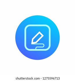 The icon symbolizes data entry with the stylus. Drawing, writing, or other use. Round blue icon with square sign inside.