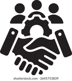 An icon symbolizes teamwork and collaboration. A handshake is overlaid with a gear, and three figures stand above the handshake.