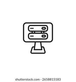 Um ícone que simboliza o armazenamento de dados do computador ou um servidor, apresentando um monitor que exibe duas unidades de servidor empilhadas, representando um sistema de armazenamento digital ou server farm.