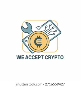 Un icono que simboliza la aceptación de criptomonedas y los servicios de pago digital, con una llave inglesa, una criptomoneda y una placa de circuito con una señal Wi-Fi.