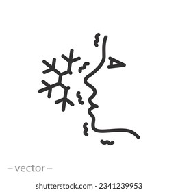 icon of symptom frostbite of the face, body skin hypothermia, thin line symbol on white background - editable stroke vector illustration eps10