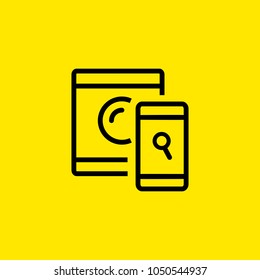 Icon of synchronizing devices. Gadget, convenience, magnifying glass, washing machine. Searching concept. Can be used for topics like technology, connection, automation