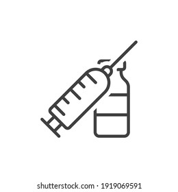 Icon syringe and bottles of injection. Simple image glass bottle with a medicine from coronavirus. Isolated linear vector on a pure white background.