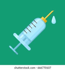 icon syringe with needle in flat design isolated on green background. Medical icon. Syringe vaccination.Vector illustration.