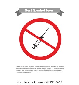 Icon of syringe in prohibition sign, with text on grey ribbon and sample text