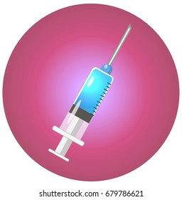 Icon with syringe, round shape, pink, stylish vector illustration