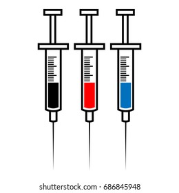 Icon of the syringe. Set of syringes with colored liquid. Vector illustration.