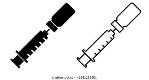 Icon of a syringe and vial displayed in black and white, representing health and medical themes for various applications