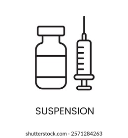 An icon of a syringe and vial in vector, symbolizing medical suspension or injections, with an editable stroke.