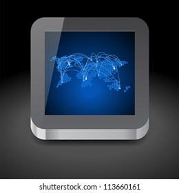 Icon for tablet computer with global communications world map on display. Dark background. Vector saved as eps-10, file contains objects with transparency.