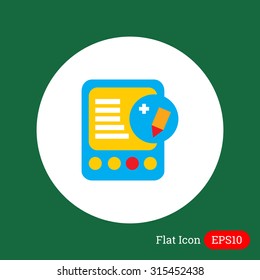 Icon of tablet computer with pencil and plus sign depicting edit icon