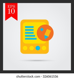 Icon of tablet computer with pencil and plus sign depicting edit icon 