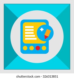 Icon of tablet computer with pencil and plus sign depicting edit icon