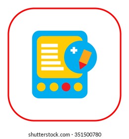 Icon of tablet computer with pencil and plus sign depicting edit icon