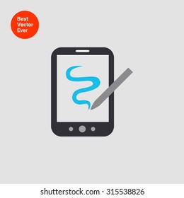 Icon of tablet computer with stylus