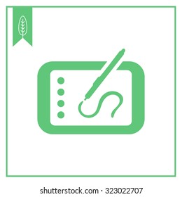 Icon of tablet computer with stylus drawing on screen