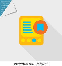 Icon of tablet computer with tag icon in bright blue circle