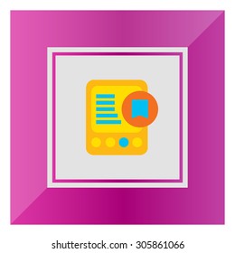 Icon of tablet computer with tag icon in bright blue circle