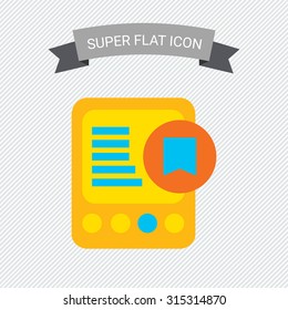 Icon of tablet computer with tag icon in bright blue circle