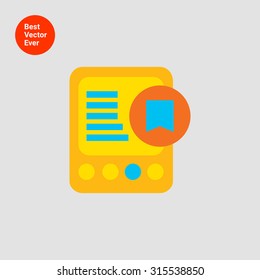 Icon of tablet computer with tag icon in bright orange circle