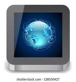 Icon for tablet computer with world communications on display. White background. Vector saved as eps-10, file contains objects with transparency.