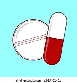 Icon tablet and pills on blue background. The symbol of pills. Vector illustration.
