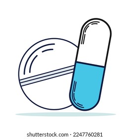 Icon tablet and white-blue pill capsule. Medicine icon Vector.