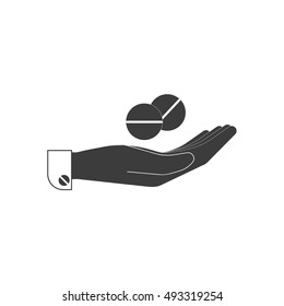 Icon, tablets, capsules, medicine to the human hand in black. Stylish vector illustration
