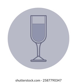 Icon of tall glass filled with liquid, set against circular background. Alcoholic drinks and party concept