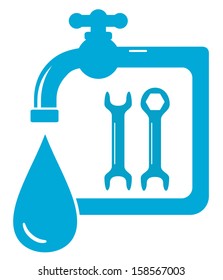 icon with tap spigot with wrench and drop silhouette 