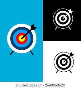 Icon target and dart board, on blue background. Vector illustration.
