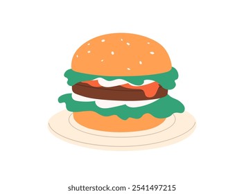 Icon of tasty burger on plate. Hamburger in fastfood restaurant. Served sesame buns, meat cutlet and fresh vegetables. American fast food. Flat isolated vector illustration on white background