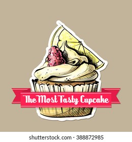 Icon with tasty cupcake (sketch style). Vector illustration.