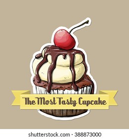Icon with tasty cupcake (sketch style). Vector illustration.