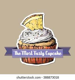 Icon with tasty cupcake (sketch style). Vector illustration.