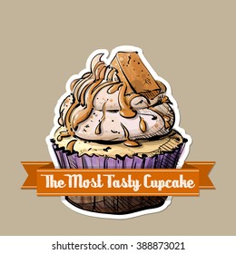 Icon with tasty cupcake (sketch style). Vector illustration.