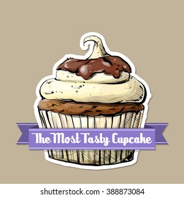 Icon with tasty cupcake (sketch style). Vector illustration.