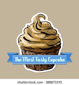 Icon with tasty cupcake (sketch style). Vector illustration.