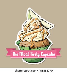 Icon with tasty cupcake (sketch style). Vector illustration.