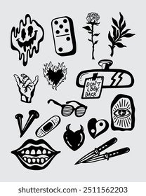 Icon tattoo ink set collection streetwear t shirt fashion illustration vector mystical symbol design sticker print art isolated editable