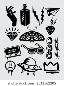 Icon tattoo ink set collection streetwear t shirt fashion illustration vector mystical symbol design sticker print art isolated editable